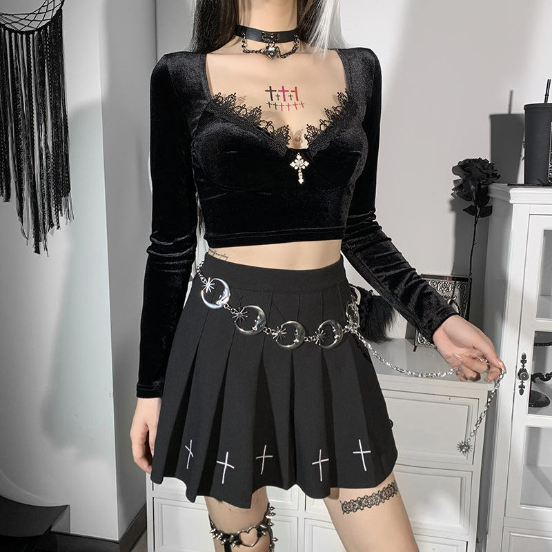 Velvet Lace Stitching V-Neck Long-Sleeved Short Top NSGYB97736