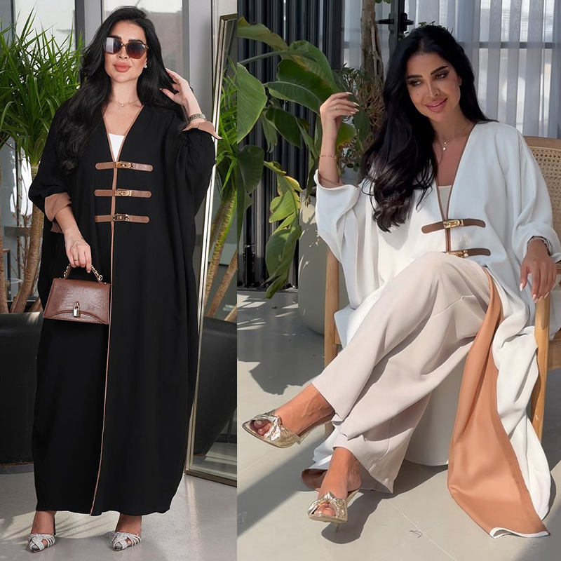 MQ090 Modest Fashion Cardigan With Leather Buttons Abaya Turkish Color-blocked Robe For Outerwear In Arabia_ecoleips.com