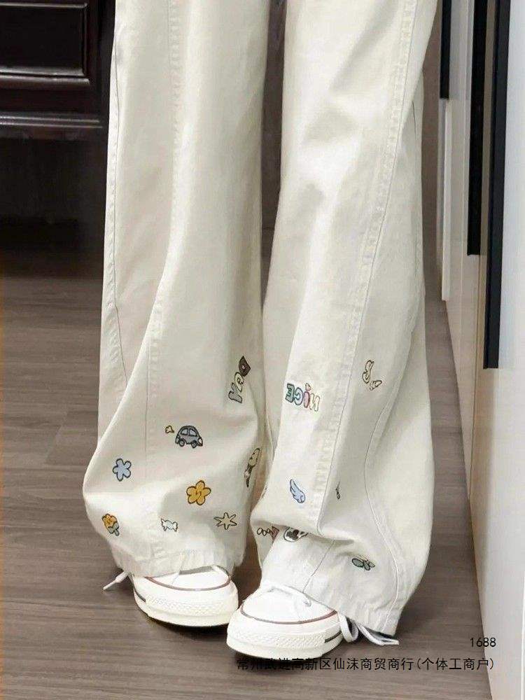 American retro cartoon embroidered sweatpants, unisex autumn and winter style, high street relaxed straight leg wide-leg cargo casual pants