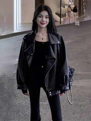 秋冬ins街头酷辣皮衣外套女宽松oversize夹克大码PU皮气质机车服1