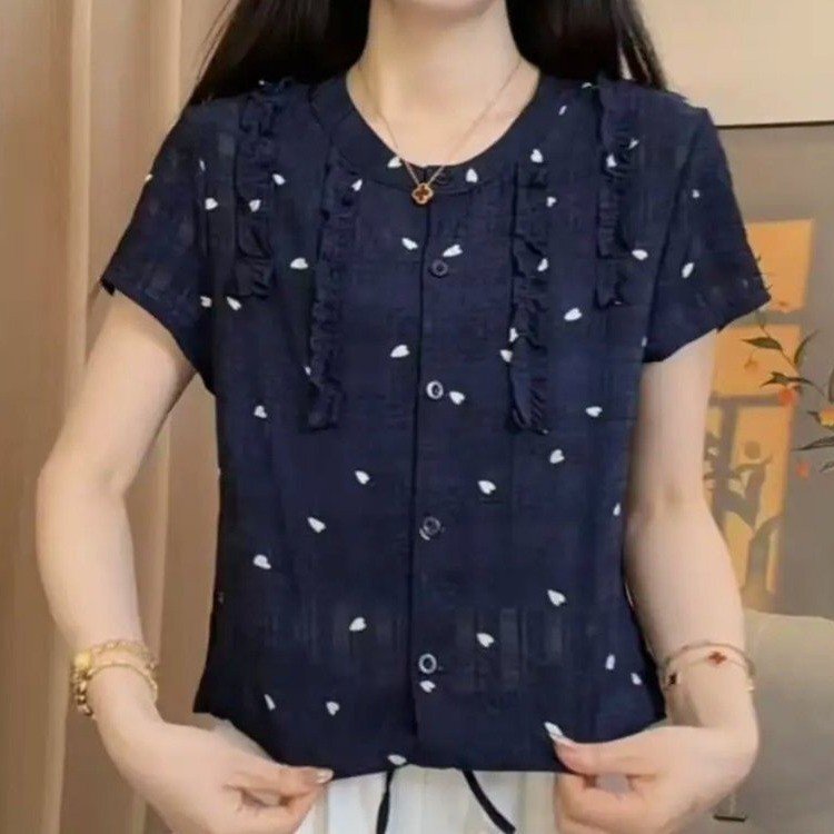 Summer Thin Polka-Dot Short-Sleeved Shirt with Two-Tone Round Neck, Pleated Lace, Loose Fit, Age-Reducing Style, Elegant Women's Blouse Summer Thin Polka-Dot Short-Sleeved Shirt with Two-Tone Round Neck, Pleated Lace, Loose Fit, Age-Reducing Style, Elegant Women's Blouse