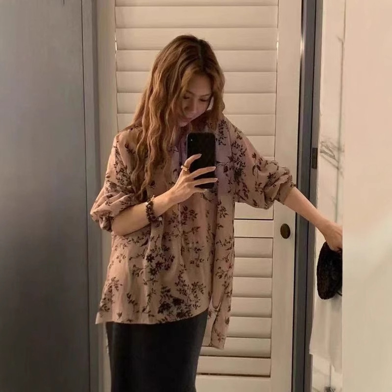 In Stock, Fashionable and Versatile Silk Cotton Black Flower Stand Collar Shirt Tops for Women