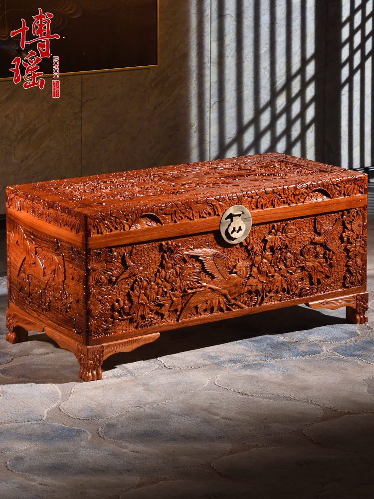 樟木箱手工精雕百鸟朝凤吉祥如意香樟木箱子字画收藏箱婚嫁箱结婚