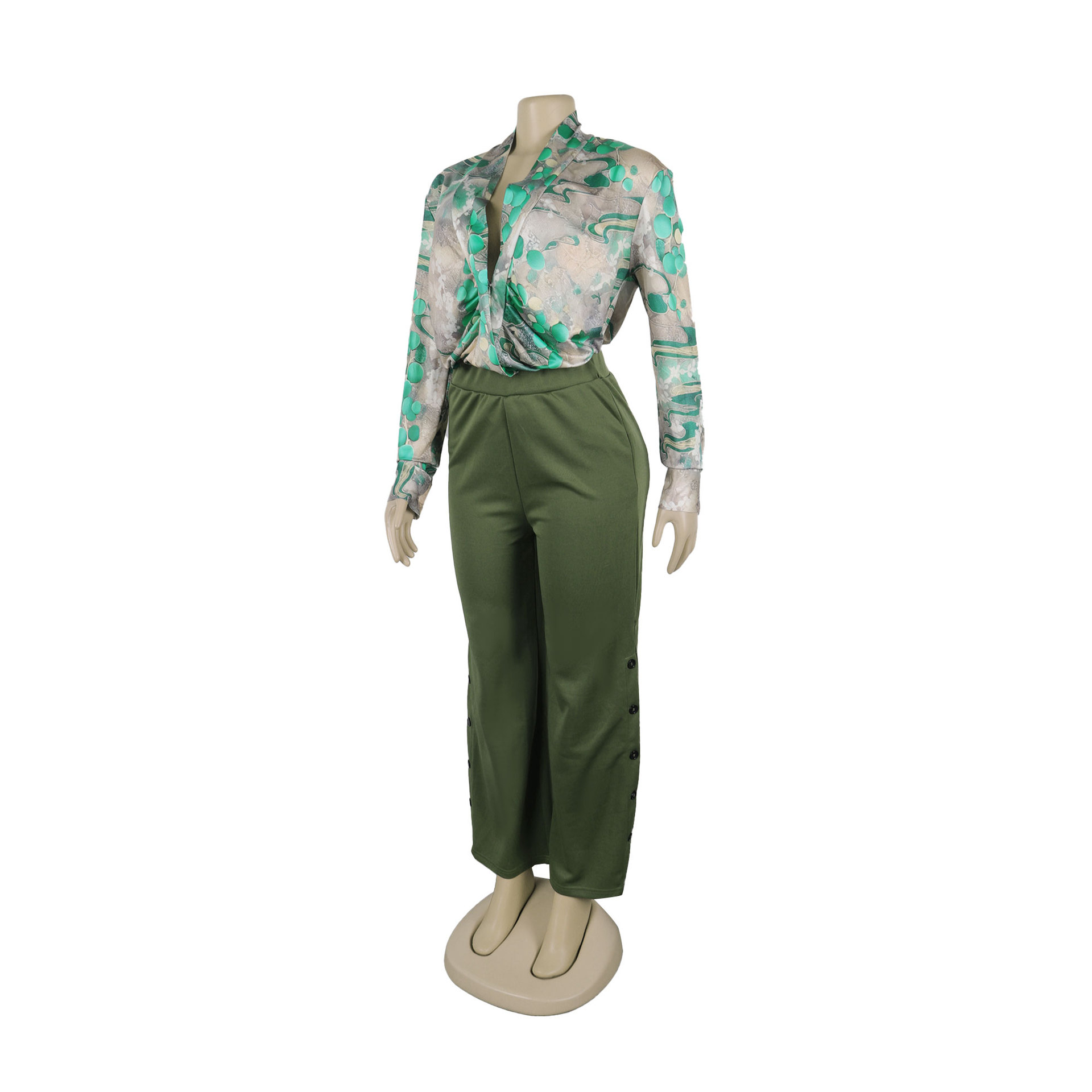 Women Printed V neck Shirt Wide Leg Pants Two Piece Set