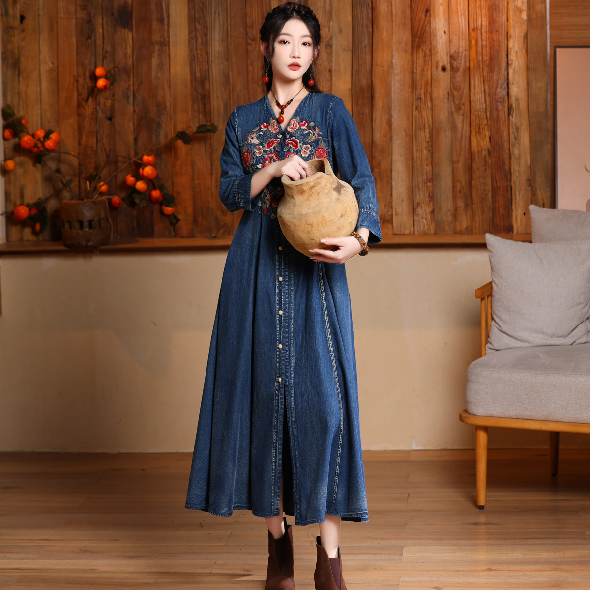 Autumn and Winter New Retro Ethnic Style Heavy Embroidery Denim Long Skirt Elegant V Neck Cardigan Dress 8263