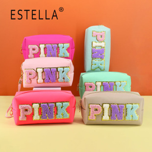 2022 New Cross-border Embroidered Alphabet Octagon Cosmetic Bag Morandi Color English PINK High Set Storage Bag Large Capacity
