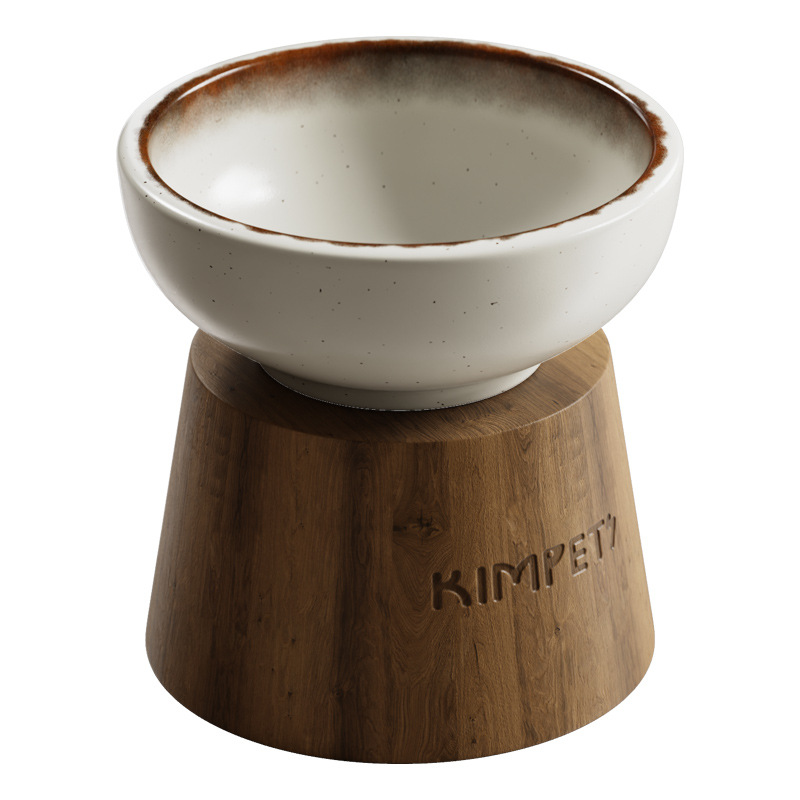 Cuenco para gatos, protección de cerámica, columna cervical, cuenco de comida para gatos, cuenco para perros, antivolcado para mascotas, cuenco de agua de pie alto de madera maciza, cuenco de arroz para gatos
