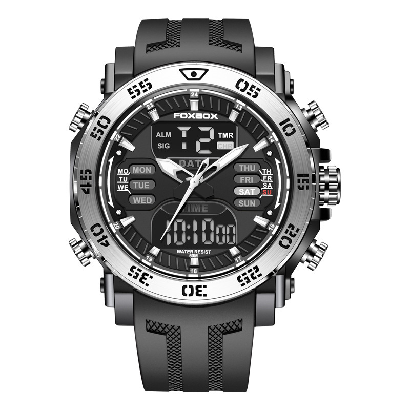 FB0021 cinta de los hombres de cuarzo electrónico de doble pantalla reloj luminoso multifuncional impermeable reloj despertador