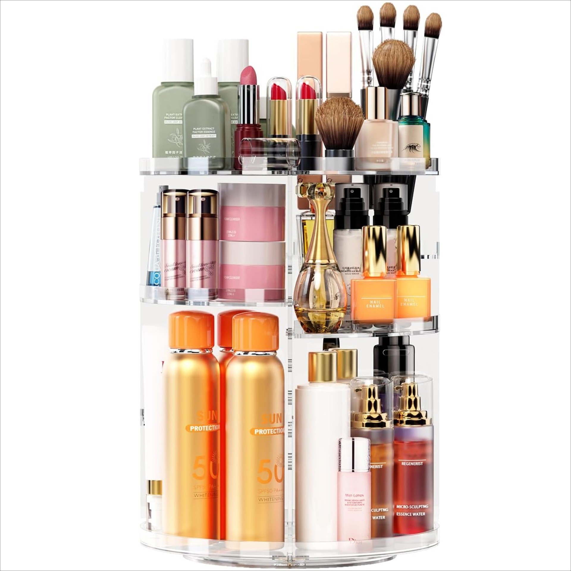 Caja de almacenamiento de maquillaje, caja de exhibición giratoria de 360 grados, transparente, para tocador, lápiz labial y productos para el cuidado de la piel.