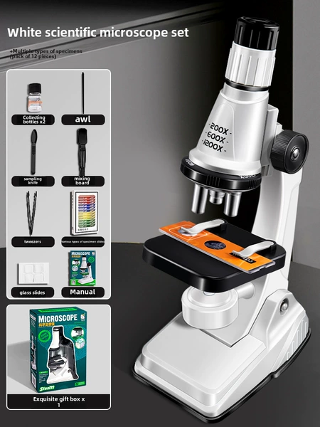 [White and Black] Upgraded high-definition 1200X microscope + battery + 12 specimens