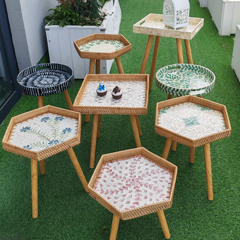 Mesa de té de madera sólida, mesa de té de madera sólida, sofá de salón, mesa redonda de balcón, mesa de té de almacenamiento en el hogar