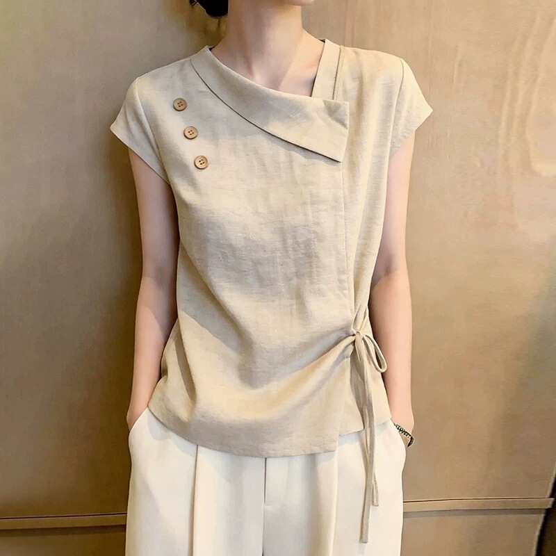 Apricot-Colored Irregular Shirt for Women, 2026 Summer New Stylish Design, Age-Reducing, Casual, Slimming, with a Tie-Up Design