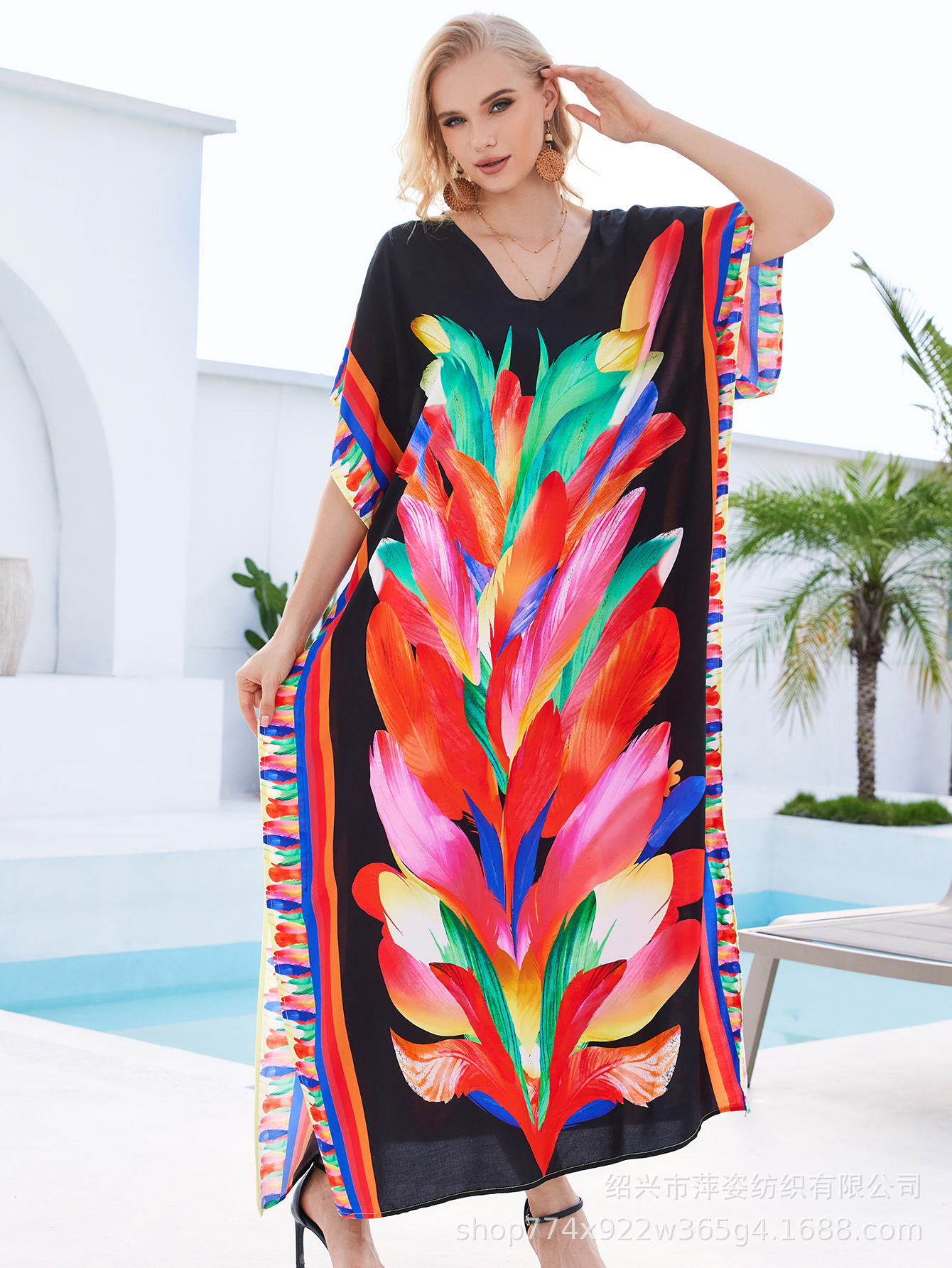 Camiseta de playa de algodón impresa de posicionamiento suelta vestido de vacaciones camisa protector solar bikini camisa AT603