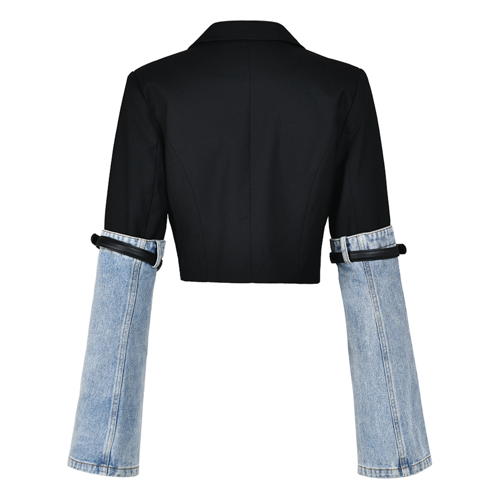 Women's Clothing personality contrast color stitching denim jacket for women autumn new style design cuffs belt versatile short top_voghion.com