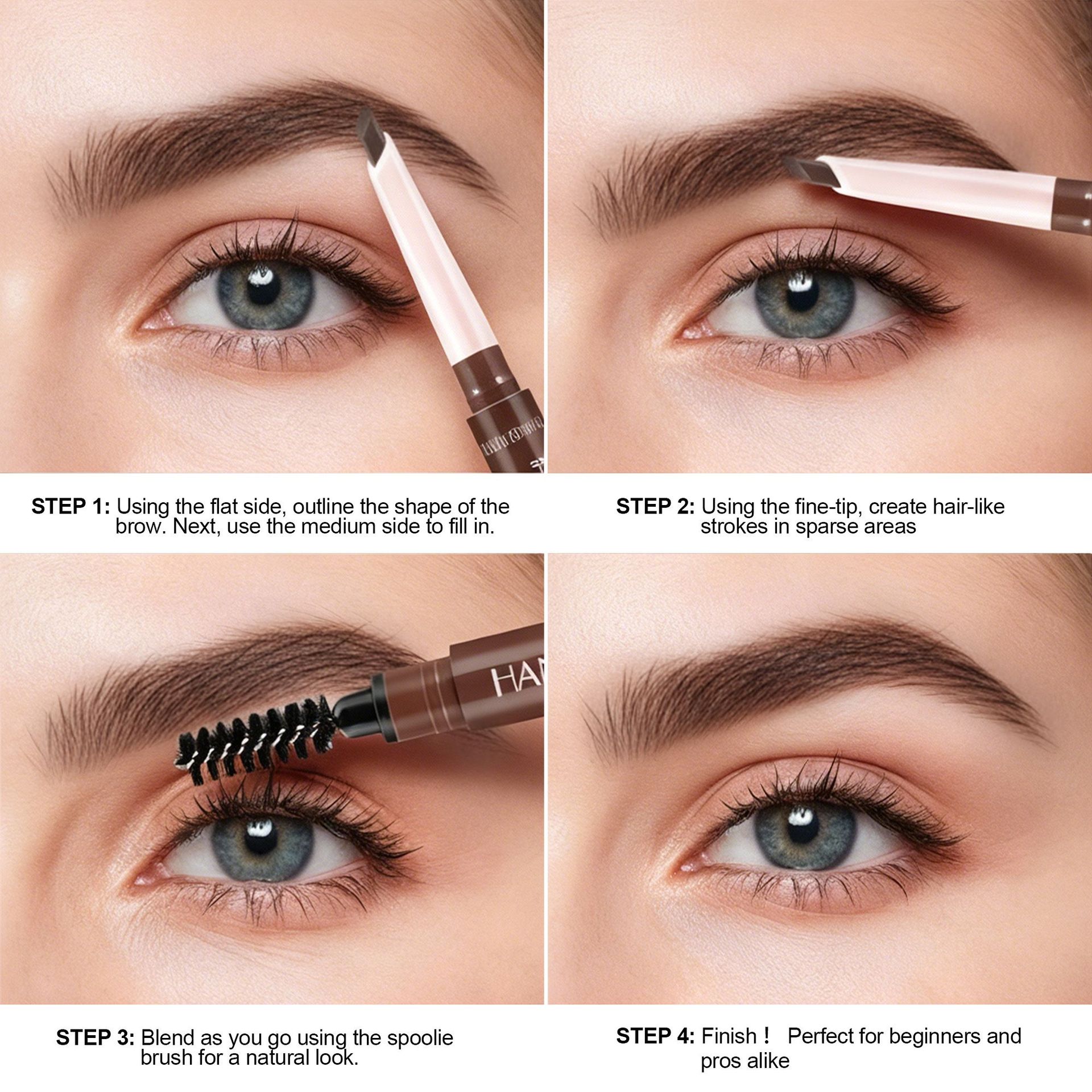 Pencil de cejas de doble cabeza transfronterizo, machete impermeable ultra fino tridimensional HANDAIYAN sin mareo con cepillo de cejas en espiral.