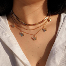 欧美ins多层金属蝴蝶项链 跨境时尚粗链necklace网红同款锁骨链女