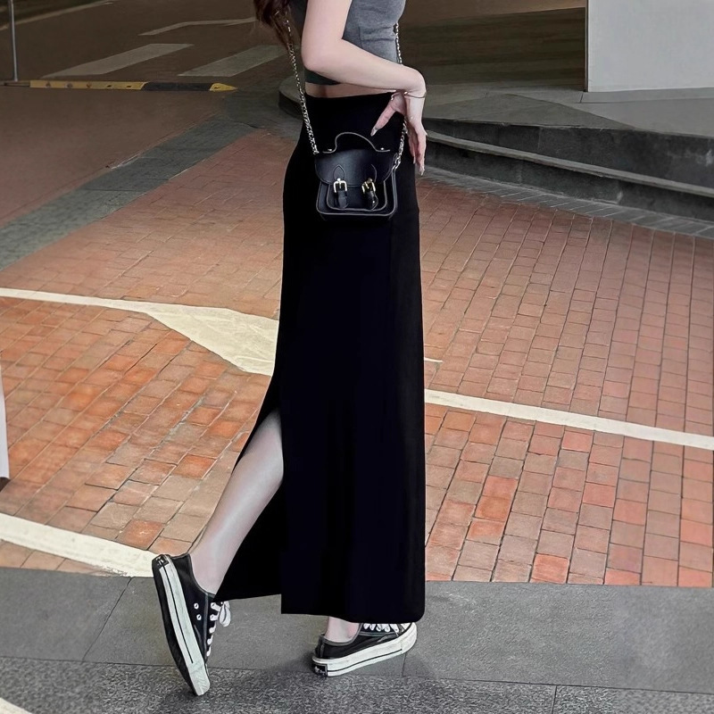 莫代尔垂感半身裙女灰色直筒裙夏新款长裙高腰显瘦长款后开叉裙子|undefined
