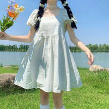 夏季新款日系学院风连衣裙女方领泡泡袖法式甜美小个子娃娃裙
