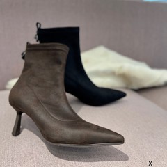 欧洲站XJ女鞋25冬时尚弹力布拼胎牛皮尖头显瘦套筒细中跟弹力短靴
