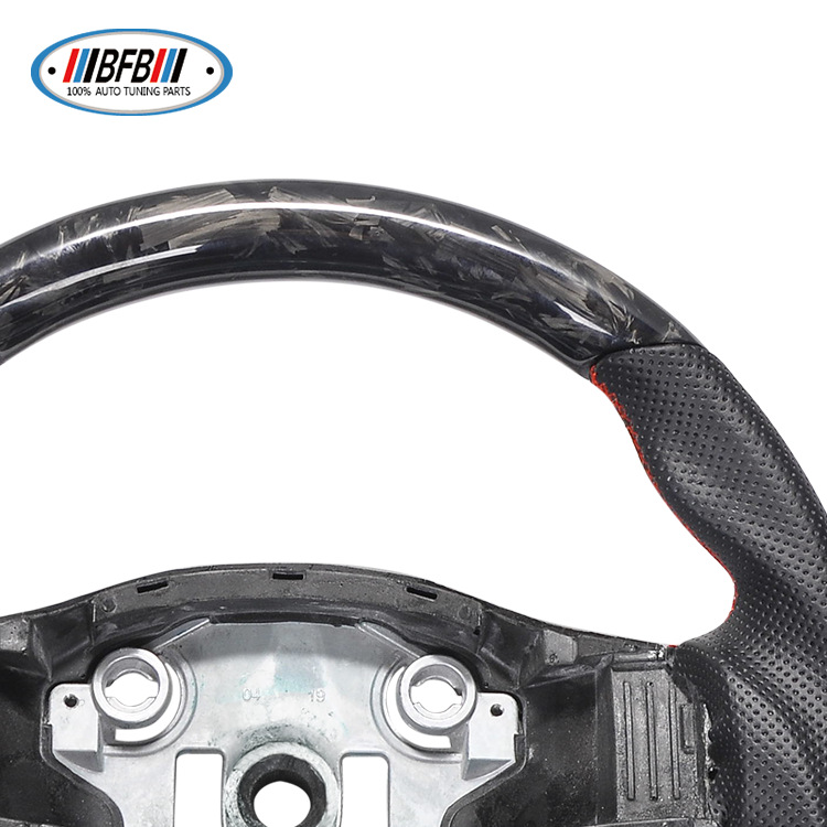 100% Real Carbon Fiber Forged Steering Wheel with Black Perforated Leather and Red Stitching - For Tesla Model Y - Modification