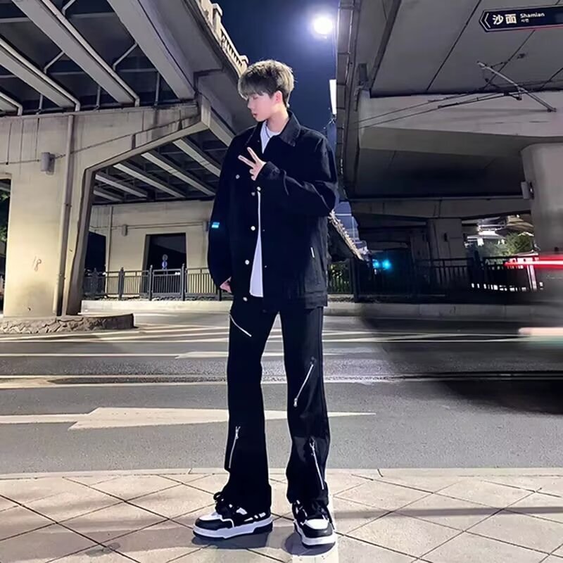 Denim Boys Black Denim suit Spring and Autumn Thin Pants High Street Cool Set with Design Sense Three-piece Set