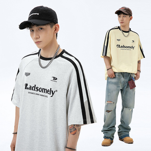 American casual patchwork drawstring letter print short sleeve T-shirt for men summer pure cotton loose half sleeve couple T-shirt q