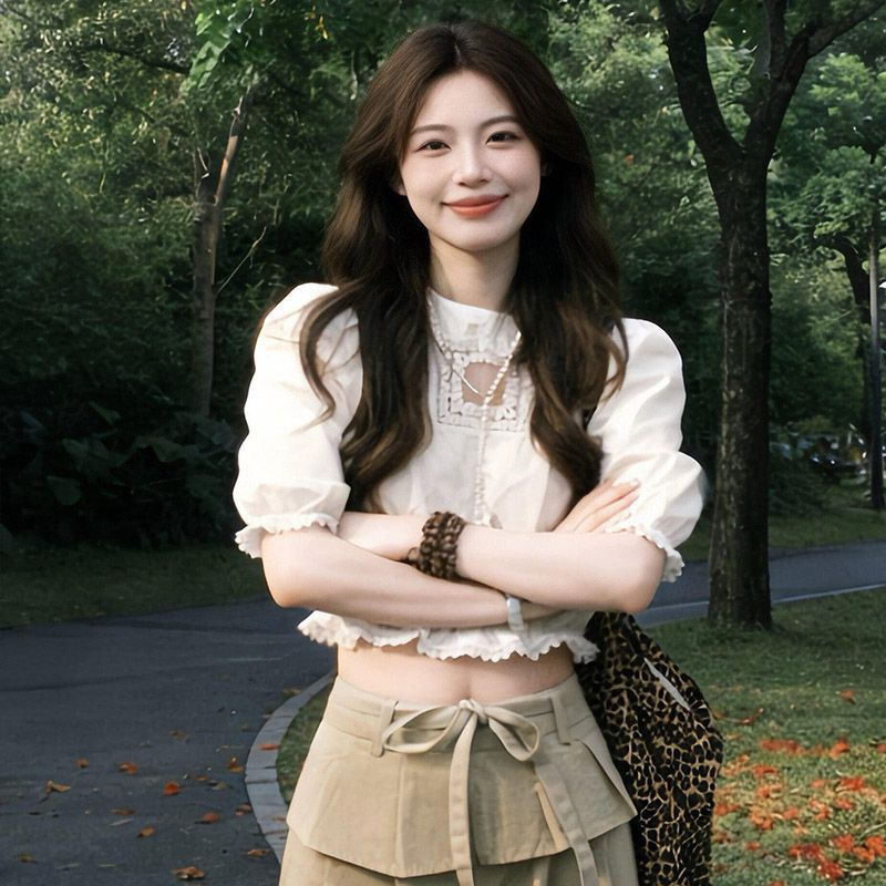 French-Style Gentle Lace-Trimmed Short Shirt for Women, 2026 Summer New Sweet and Youthful Design Half-Sleeve Top