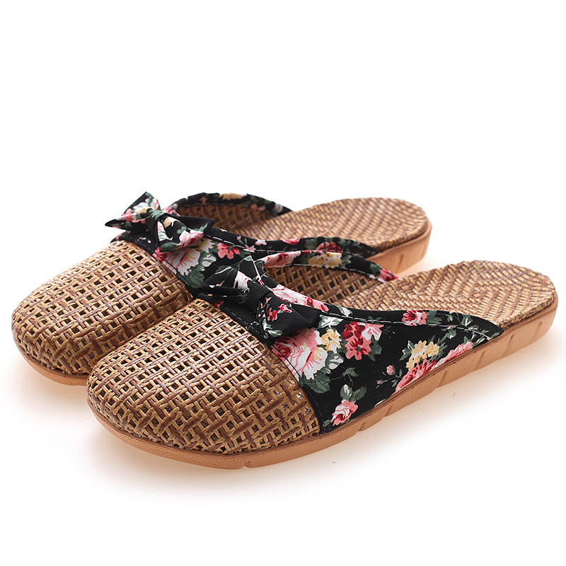 Asian grass slipper men and women Home indoor Baotou bow Korean Edition Home Furnishing Flax slipper Wood floor sandals