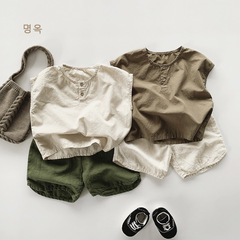 日韓風兒童夏季薄款透氣純棉無袖襯衫男女童森系個性上衣T恤童裝