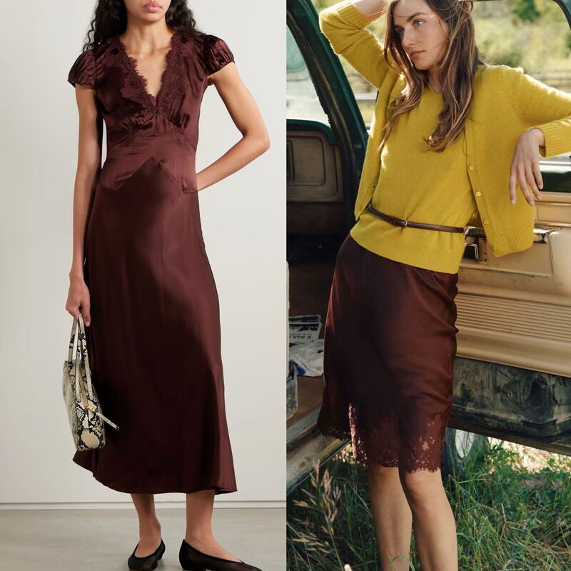 Passionate Chocolate Lace Embroidery Sand-Washed Satin Silk Solid Color Dress + Skirt