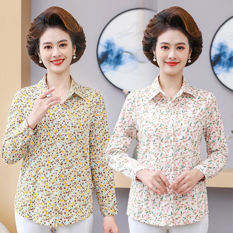 Mother Women's Shirt Long Sleeve Cotton Floral Western Style Top Spring and Summer New Middle-aged and Elderly Grandma Cotton Shirt
