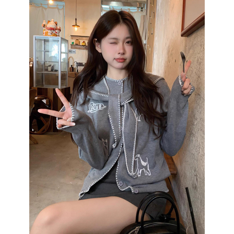 学院风针织开衫女韩系早秋穿搭小狗刺绣毛衣外套修身显瘦领带上衣|undefined