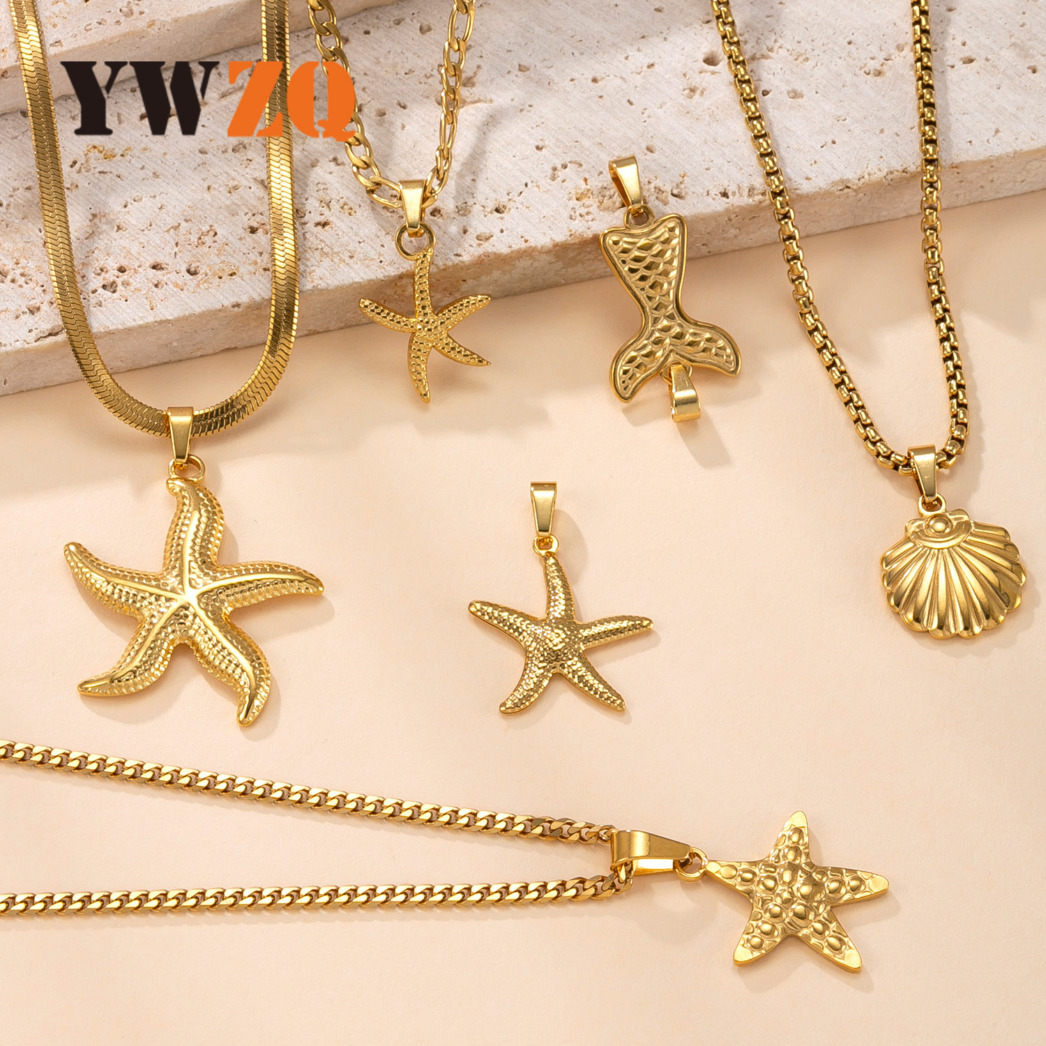 Colgante único Collar de acero inoxidable transfronterizo Estrella de mar Collar de concha Accesorios Moda chapado en oro de 18k accesorios de joyería de bricolaje