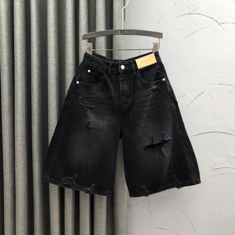 Black High-Waisted Ripped Denim Shorts for Women, Summer New Fashion, Loose Casual Straight Wide-Leg Mid-Length Trendy Shorts