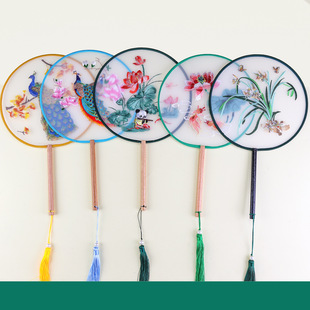 Single-Sided Round Silk Embroidered Fan Tourist Attraction City Cultural and Creative Souvenir Long-Handled Ancient Style Han Dynasty Dance Fan