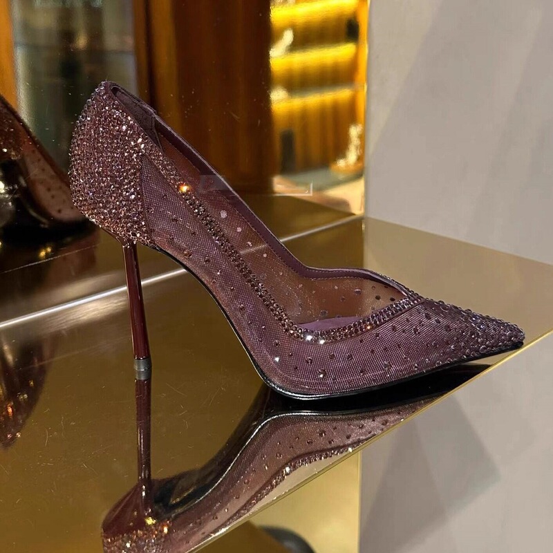 Mesh Rhinestone Wine Red Pointed Toe Stiletto Heels for Women 2026 New Crystal Shoes Elegant New Sparkling Diamond Party Shoes