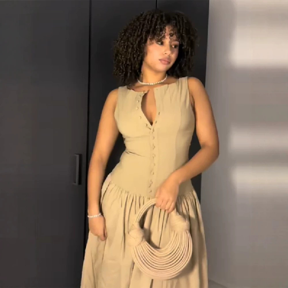 French Style Solid Hollow Out Sleeveless Waist Cinched Dress Women's Single Breasted Slim Fit Mid Length Vacation Long Dress_ecoleips.com