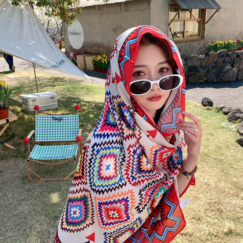 Algodón ligero y lino sensación bufanda estilo étnico bohemio viajes protección solar playa bufanda exterior desgaste decorativo chal