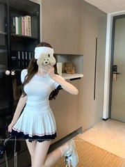2025夏季新款美式运动风白色针织短袖t恤撞色百褶半身短裙套装女