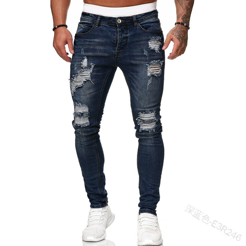 Jeans Ajustados para Hombre de Algodón, Elástico, Con Agujeros, para Uso Casual