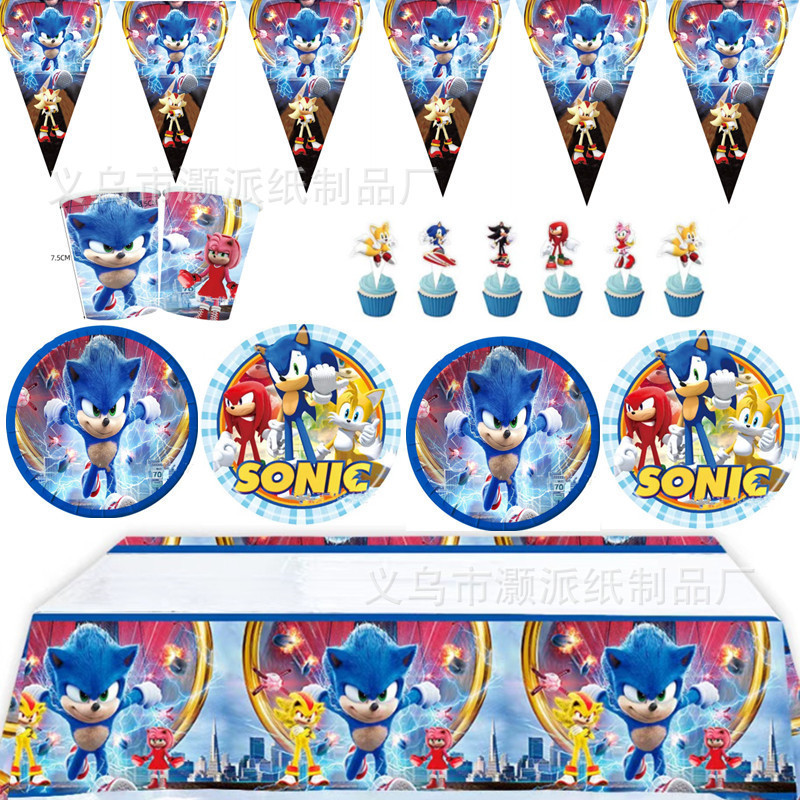 New Sonic 2 Sonic Boy Birthday Party Tableware Flag Tablecloth Plate Paper Cup Set Decoration