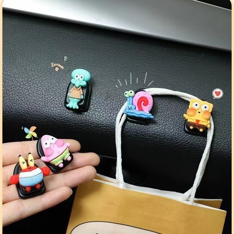 Cartoon SpongeBob Car Hook Mini Small Sticky Hook No Trace Glue Adhesive Dashboard Decoration Storage 