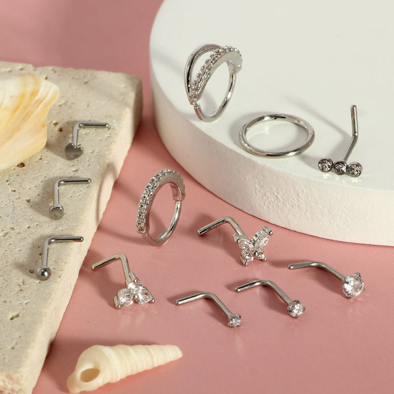 Classic 12-Piece Nose Nail Set Curved Barbell Copper Inlaid Zircon 7mm Nose Ring Set for Women Men detail image 8