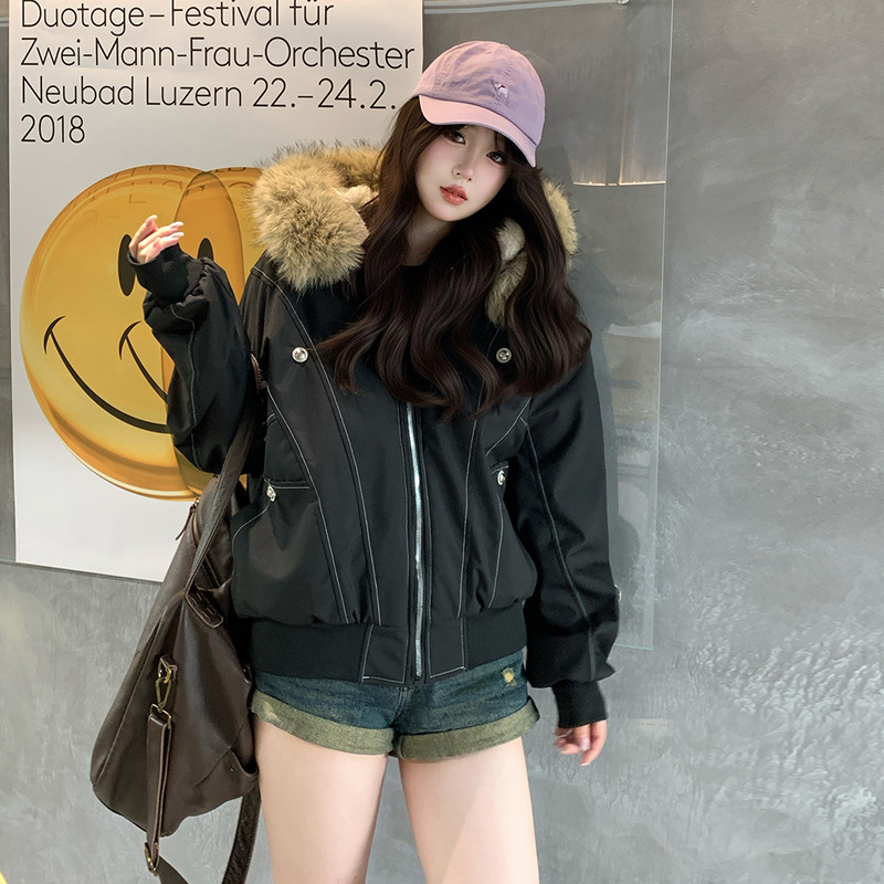 미국식 빈티지 좌산 조각 큰 털넥 면복 여성 겨울파 극복 헐렁하고 두꺼운