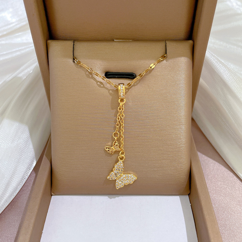 Sweet Butterfly Titanium Steel Plating Inlay Zircon Pendant Necklace 1 Piece