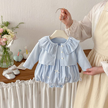 点兮春季新款婴幼儿针织哈衣套装女宝宝洋气百搭开衫连体衣两件套