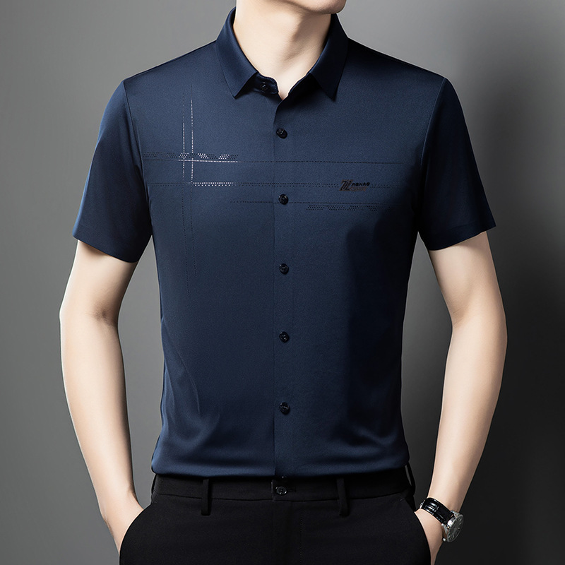 2026 Summer New Business Casual Solid Color Printed Cardigan Top Fashionable Middle-Aged High-End Short-Sleeved Shirt