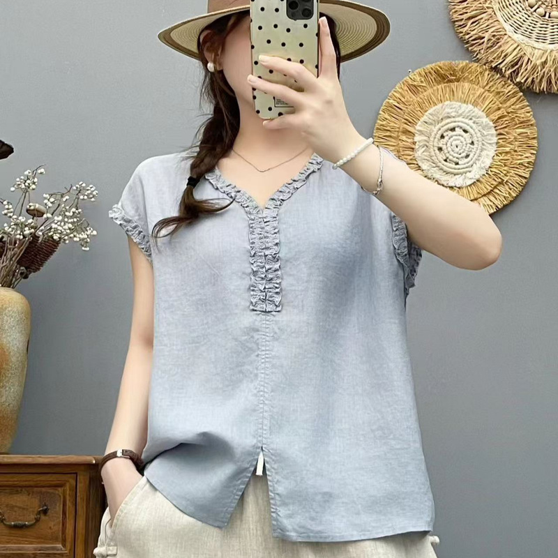 26 Summer Style Short-Sleeve Pure Linen V-Neck Lace Collar Loose Casual Pullover Shirt New Thin Blouse