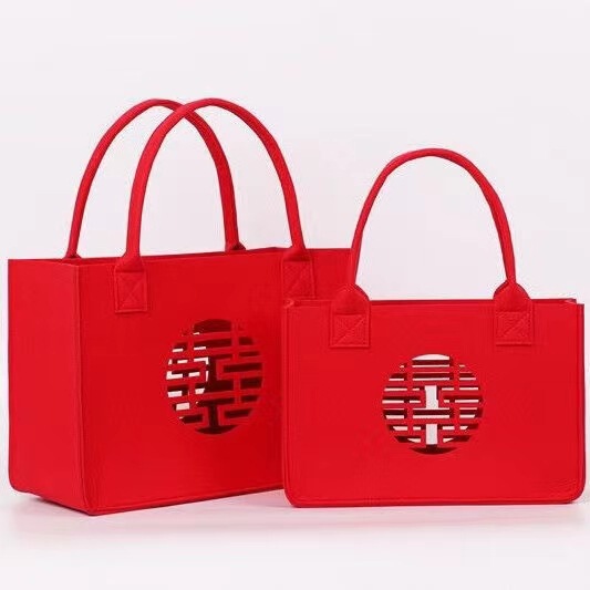 Wedding Hollow-Out Double Happiness Character Tote Bag, Wedding Supplies Felt Storage Bag, Custom Handmade Gift Storage Bag