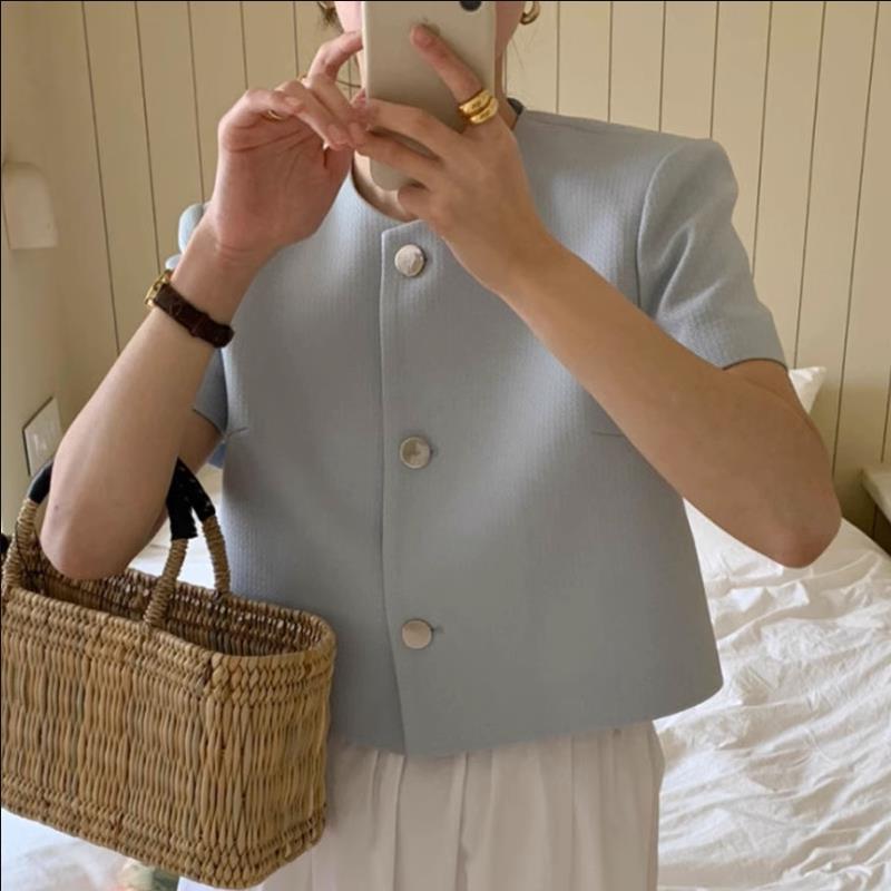Corea del Sur chic verano estilo chanel cuello redondo de un solo pecho casual todo partido manga soplo abrigo corto de las mujeres chal